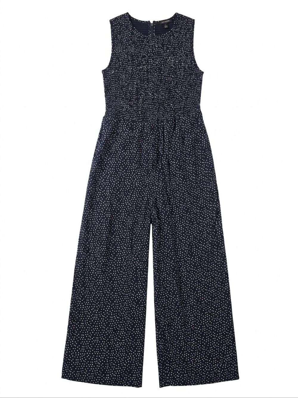 NWT Small Andrew Marc Navy and White Polka Dot Sleeveless Smocked Jumpsuit Flowy